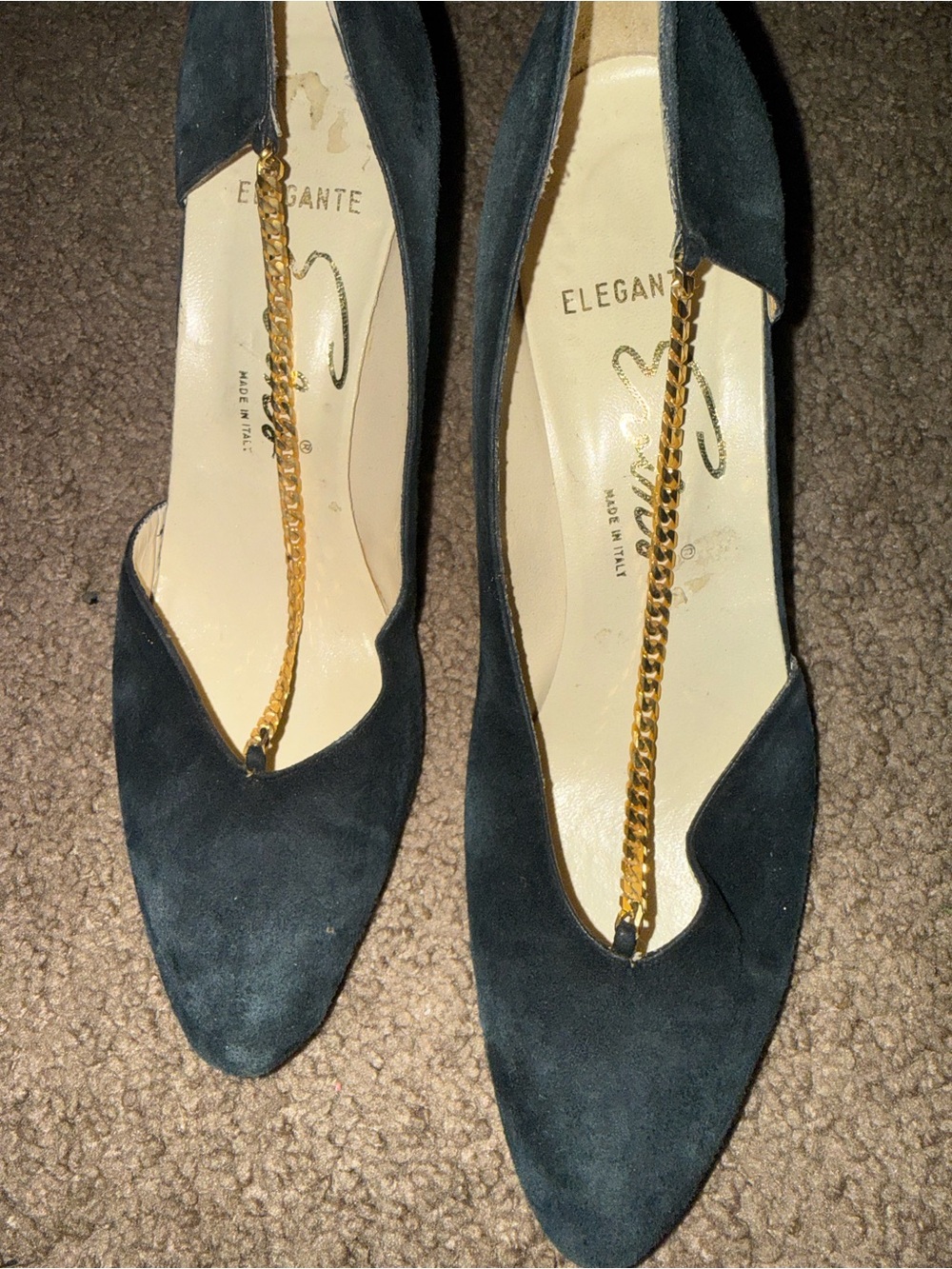 Black Suede Pointed-Toe Pumps with Gold Chain Accent